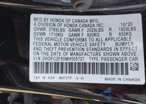 2021 Honda Civic Sport from USA, damaged, VIN 2HGFC2F85MH505707